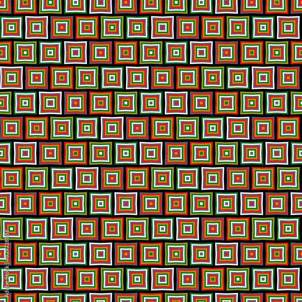 a pattern on an orange, green and red fabric with black squares a pattern on an orange, green and red fabric with black squares