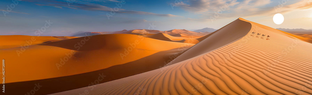 a sunset view of dunes. with camels 