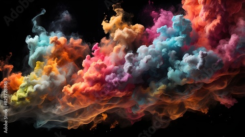 Abstract multicolored fume eruption against a black background. Illustration of painted clouds against a dark backdrop. Colorful smoke texture. Colorful fume in water illustration generated using arti
