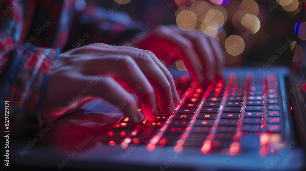 A person is typing on a keyboard with red keys A person is typing on a keyboard with red keys