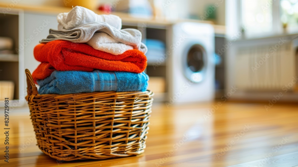 Obraz premium Laundry basket and washing machine with copy space on blurred background for text placement