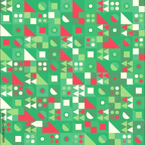 a seamless christmas background with geometric shapes and trees in shades of green and red