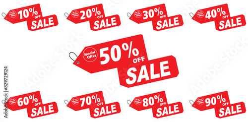 Discounts numbers percent sign in red and white colours isolated on yellow background, from 10%,20%,30%,40%,50%,60%,70%,80%,90% discount's.