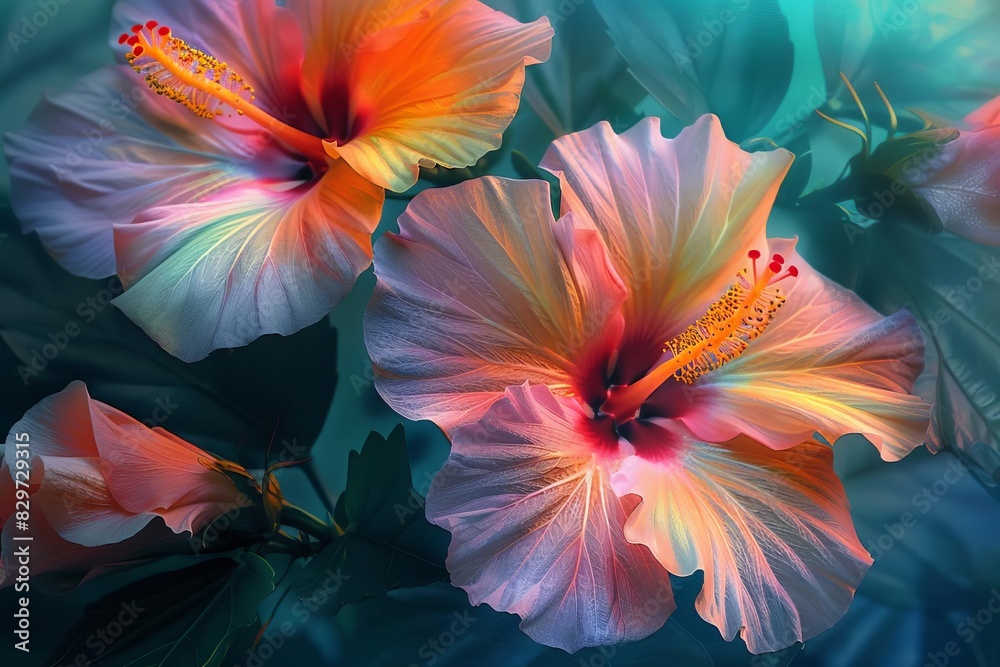 Vibrant hibiscus flowers in full bloom with stunning, colorful petals. Ideal for nature, floral designs, and botanical themes.