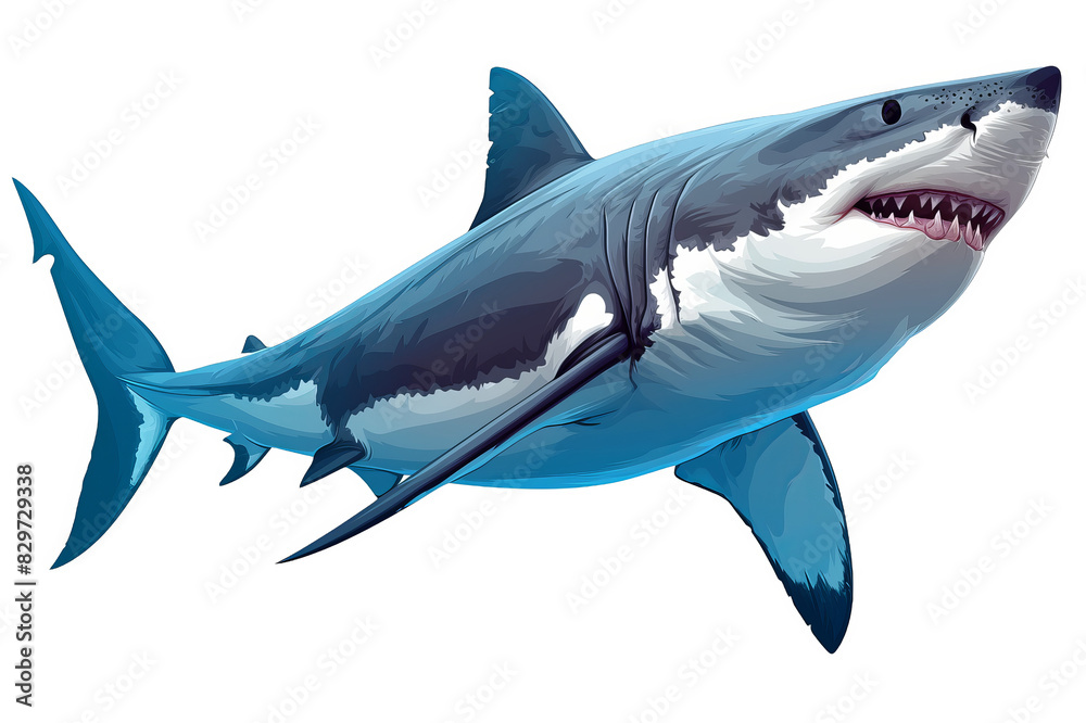 Fototapeta premium A detailed illustration of a great white shark, showcasing its sharp teeth and streamlined body in a dynamic pose against a transparent background.
