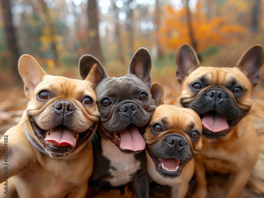 AI generated illustration of adorable French bulldog puppies in a forest