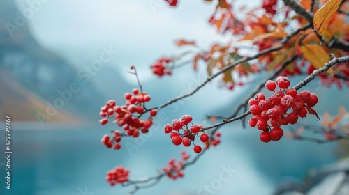 Close up of red rowan berry next to blurry blue water in a Norwegian fjord showcasing northern wild plant life