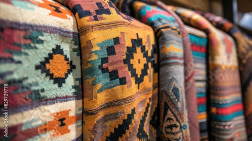 A display featuring traditional Native Americaninspired woven blankets a staple in Western fashion. photo