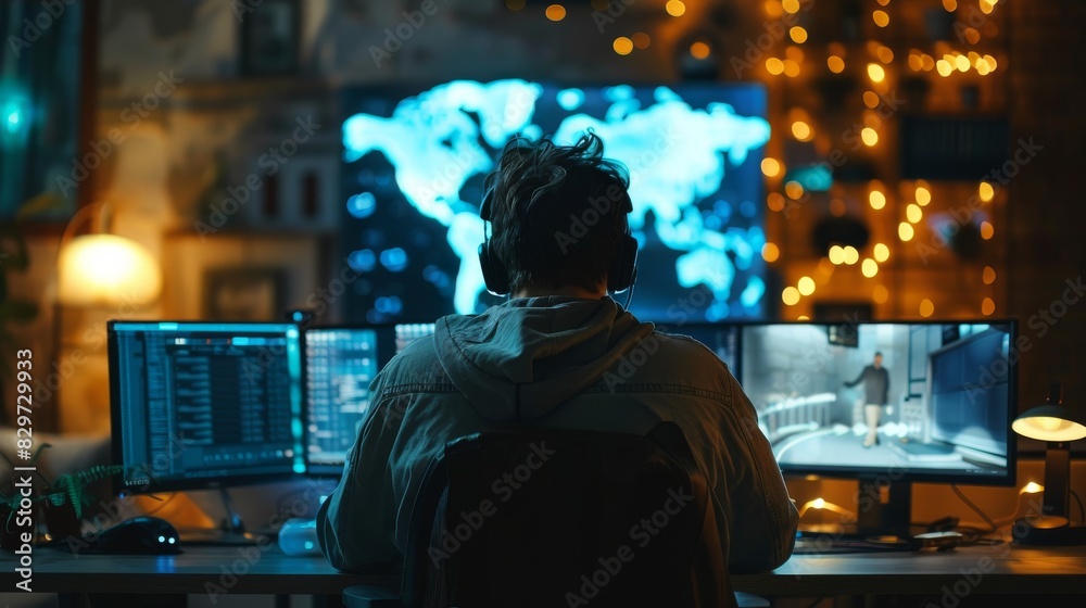 A man is sitting in front of a computer monitor with a map of the world on it A man is sitting in front of a computer monitor with a map of the world on it
