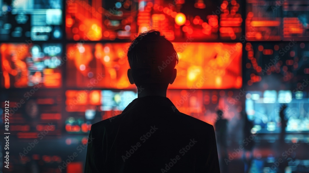 A man is looking at a computer screen with a lot of information on it A man is looking at a computer screen with a lot of information on it