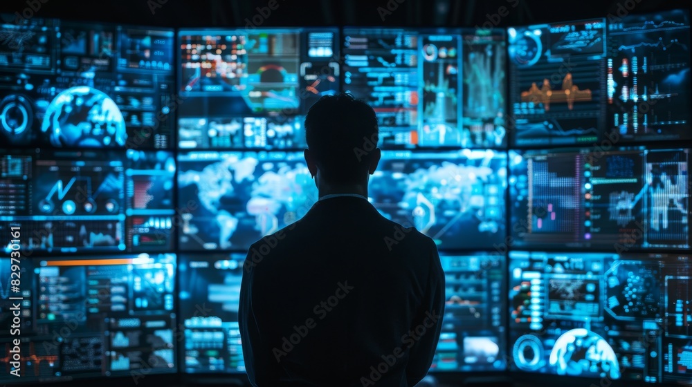 A man stands in front of a computer monitor displaying a multitude of screens