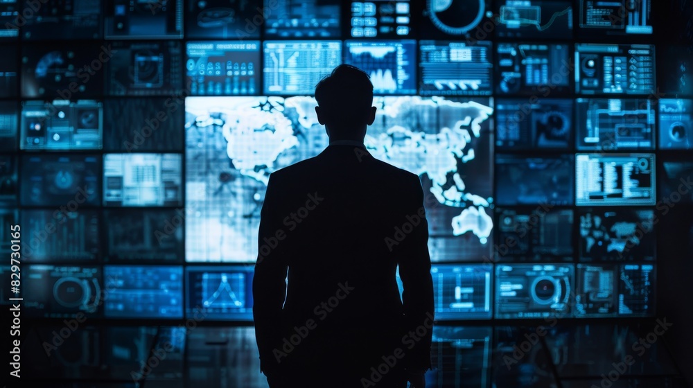 A man stands in front of a computer monitor with a map of the world on it A man stands in front of a computer monitor with a map of the world on it
