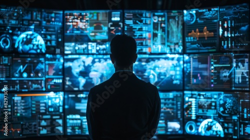 A man stands in front of a computer monitor displaying a multitude of screens