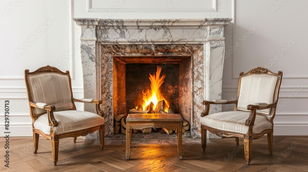 a living room with a white wall, a wooden armchair, and burning firewood on a coffee table, creating a cozy atmosphere. a living room with a white wall, a wooden armchair, and burning firewood on a coffee table, creating a cozy atmosphere.