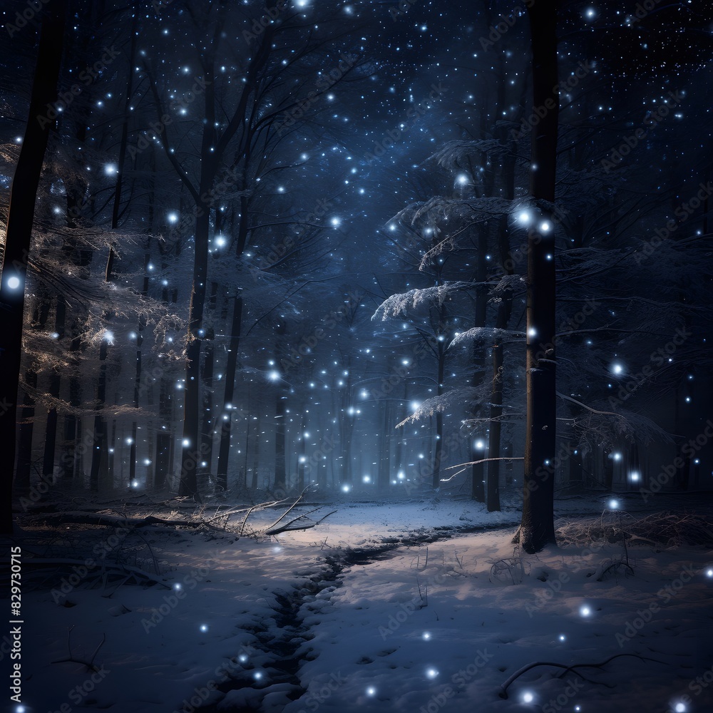 Snow falling at night in a snowy dark forest. Generative AI.
