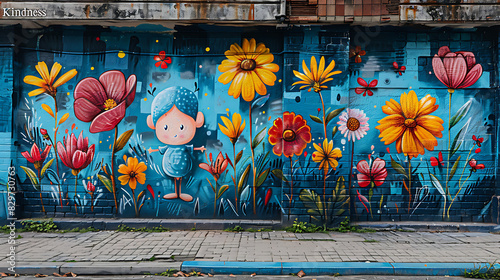 Street art featuring whimsical graffiti character surrounded by blooming flowers and the phrase Spread Kindness in bold promoting compassion and positivity in the community