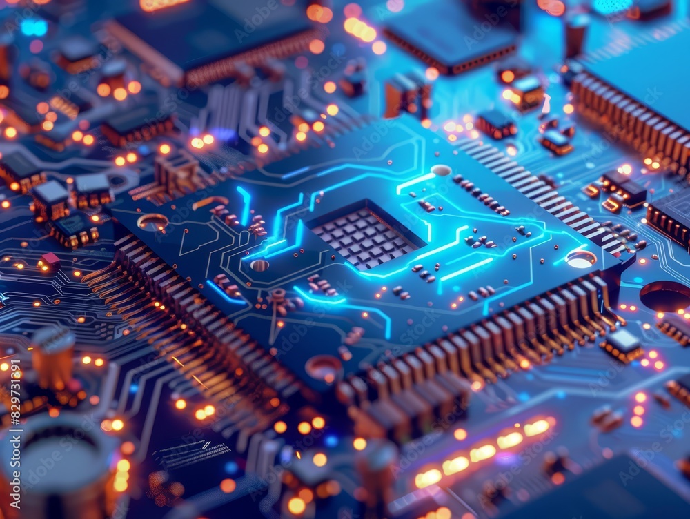 Obraz premium Detailed blue micro circuit diagram of a motherboard. Every line and connection represents the complex network within a digital system, emphasizing the critical importance of digital security.