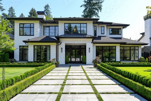 Spacious craftsman home: large windows, black trim, and wide driveway with concrete pavers, green grass, and ornamental hedges