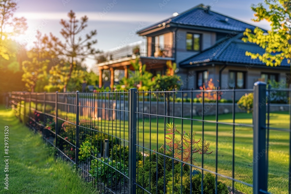 Stylish home surrounded by new aluminum fencing, glowing in morning light, featured in wide shot showcasing modern charm Stylish home surrounded by new aluminum fencing, glowing in morning light, featured in wide shot showcasing modern charm