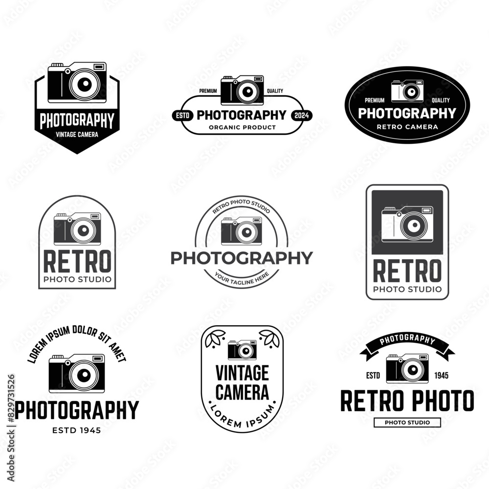 Obraz premium Set of Vintage Camera Photography Vector Label, Logo Template with Retro Typography.