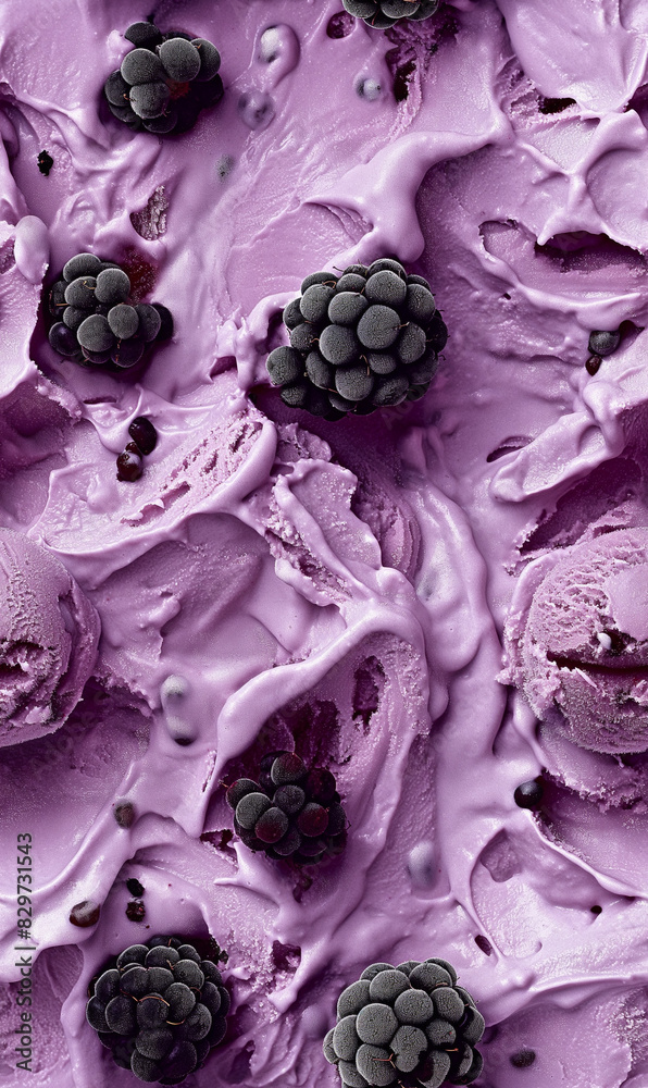 Obraz premium blackberry ice cream surface close-up shot, a closeup of the blackberry ice cream texture, featuring its creamy base with a vibrant purple color and pieces of blackberries