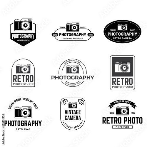 Set of Vintage Camera Photography Vector Label, Logo Template with Retro Typography.