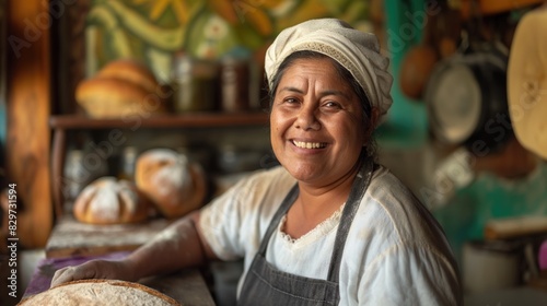 Mature middle aged latino woman baking bread using wheat flour smiling at camera