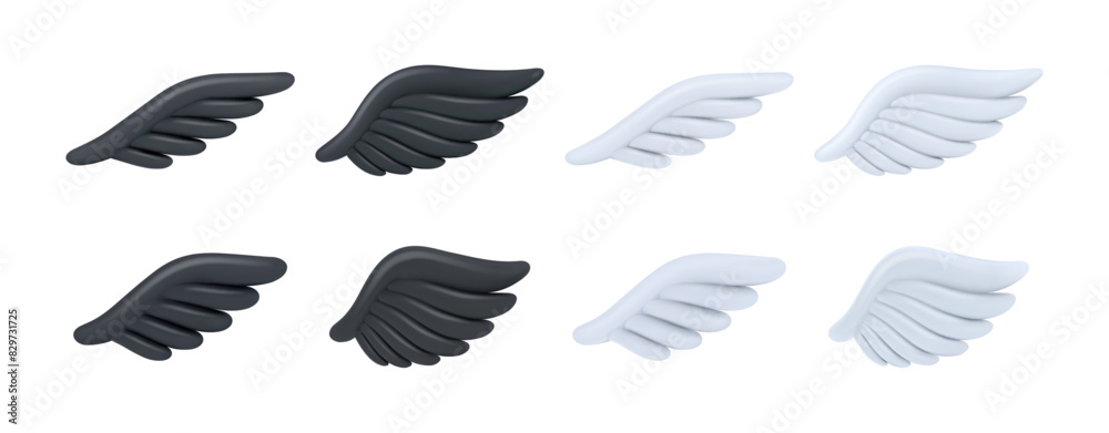 Angel or fairy personage of game design, isolated fantasy or gothic wings with feathers. Vector set of realistic 3d assets for gaming. Spiritual and peace symbol, angelic black and white wing Angel or fairy personage of game design, isolated fantasy or gothic wings with feathers. Vector set of realistic 3d assets for gaming. Spiritual and peace symbol, angelic black and white wing