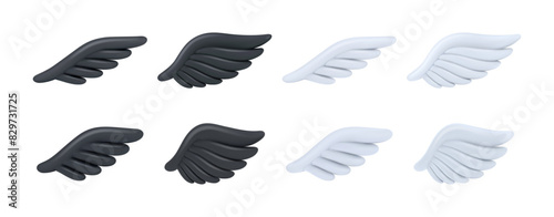Angel or fairy personage of game design, isolated fantasy or gothic wings with feathers. Vector set of realistic 3d assets for gaming. Spiritual and peace symbol, angelic black and white wing