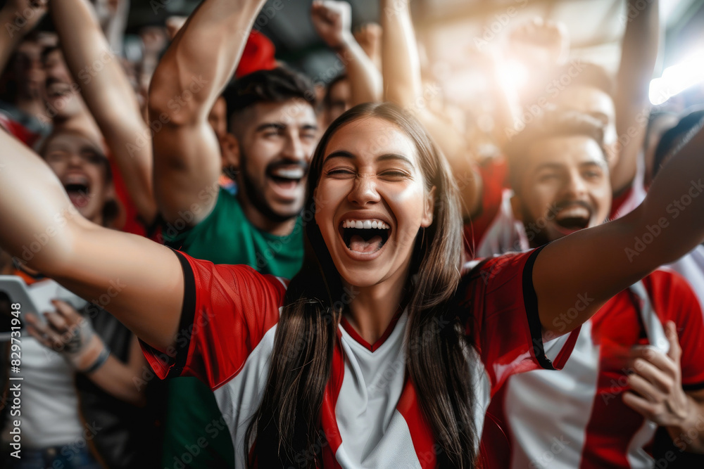 Sports fans cheering during a match in a stadium. Sports fans cheering during a match in a stadium.