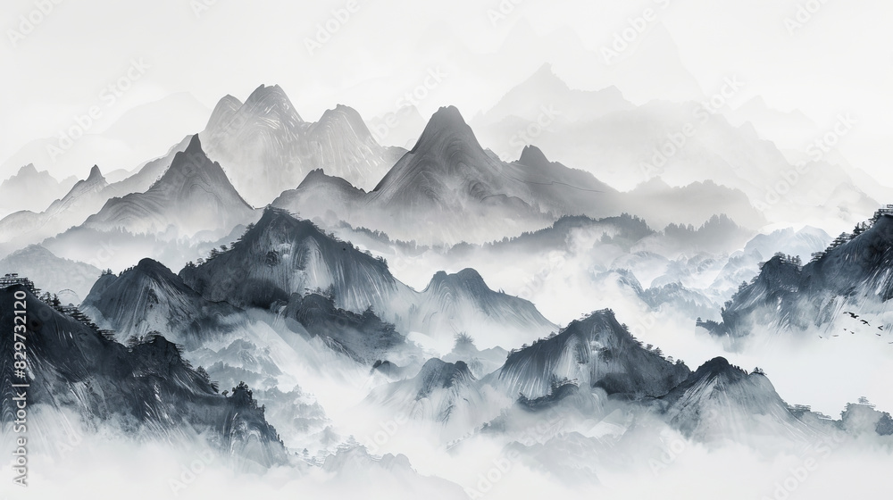 Traditional Chinese ink painting of serene mountain landscape