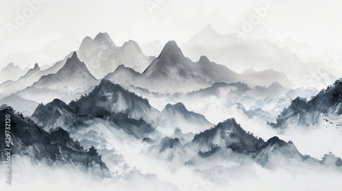 Traditional Chinese ink painting of serene mountain landscape © standret