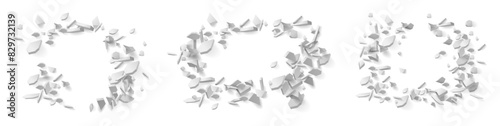 Broken hole in wall, falling concrete and plaster, bricks and building materials. Vector set of panels revealing copy space, empty blank place for text, mockup with breaches and fractures