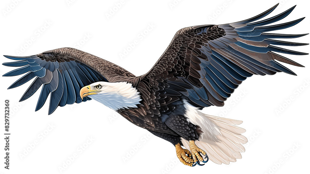 Fototapeta premium Detailed illustration of a majestic bald eagle in flight with its wings fully spread, showcasing the powerful grace of this iconic bird.
