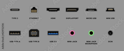 Ports in computer, realistic set of cables connectors and adapters. Vector isolated type c and mini USB, mini jack and displayport, HDMI for monitor display, microphone and dcin, ethernet