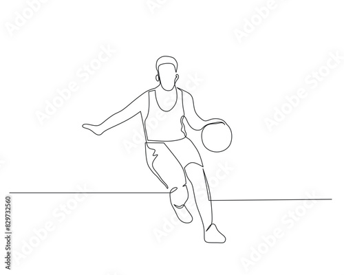 Continuous single line drawing of male basketball player dribbling the ball while running fast towards the basketball ring. basketball tournament event . Design illustration
