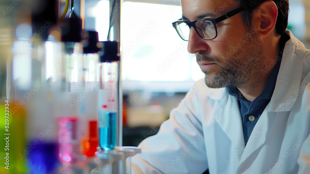 Middle-aged male scientist with horn-rimmed glasses sitting on bench in background with test tubes with brightly colored samples for analysis. Quality control and research. AI Middle-aged male scientist with horn-rimmed glasses sitting on bench in background with test tubes with brightly colored samples for analysis. Quality control and research. AI
