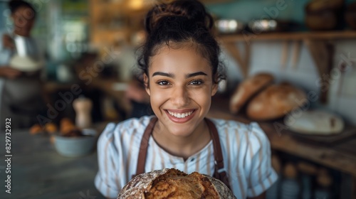 Young pretty hispanic or latino woman baking bread smiling and showing at camera