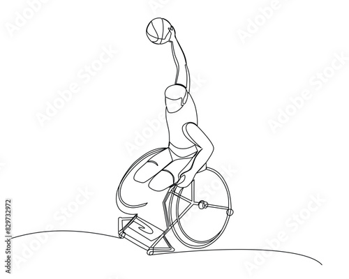Continuous single line drawing of male disabled basketball player will throw the ball into the ring. Sport tournament event design illustration