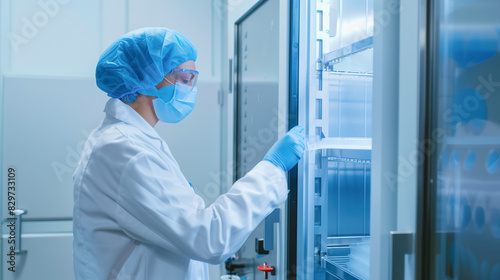 Research laboratory technician with EPI respiratory protection, protective clothing. Biohazard samples in laminar flow fume. Highly lethal viruses and bacteria control. Clinical Microbiology biosafety