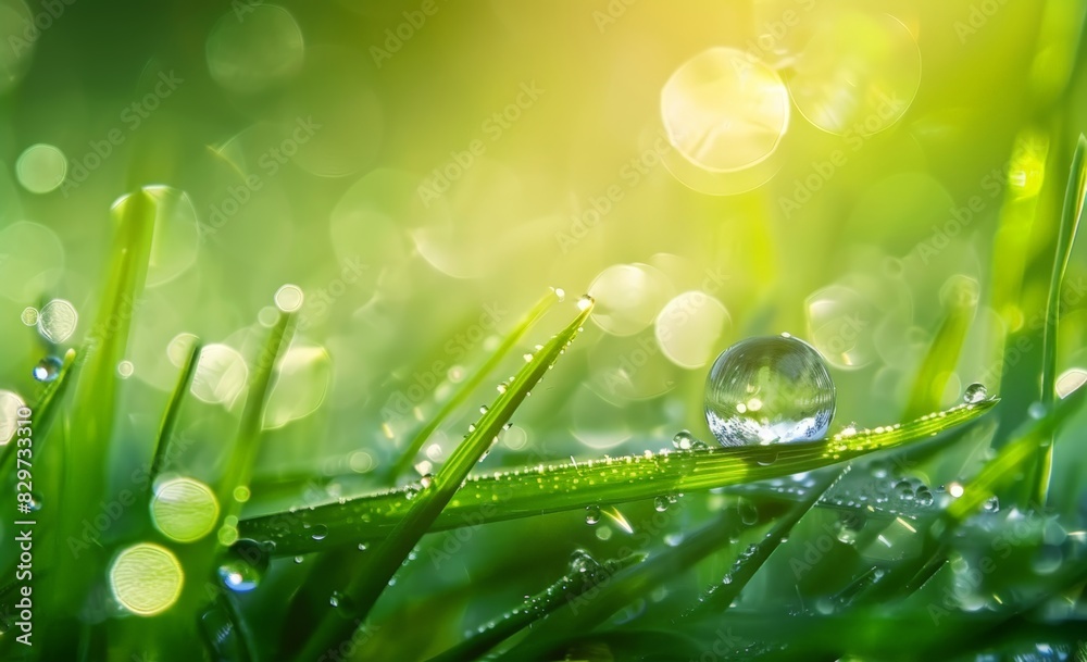 Obraz premium Un primer plano de una gota de agua sobre el césped, con un fondo con vibrantes tonos verdes y una iluminación suave.