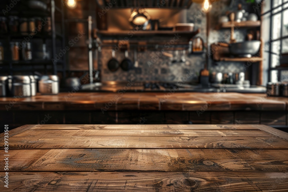 Empty wooden table in commercial kitchen for product display advertisement Empty wooden table in commercial kitchen for product display advertisement