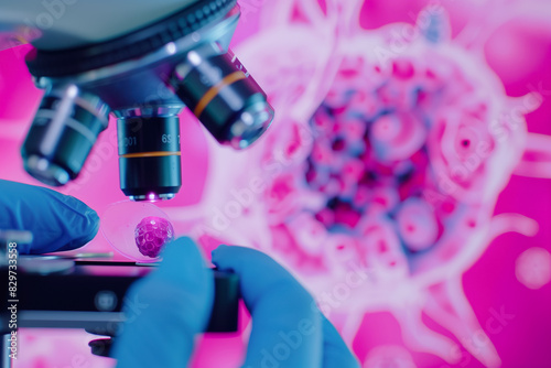 Hand of linical research laboratory technician with sample of cancer protein with typical pink colored cells for microscopic analysis. Cancer research, new drug development.