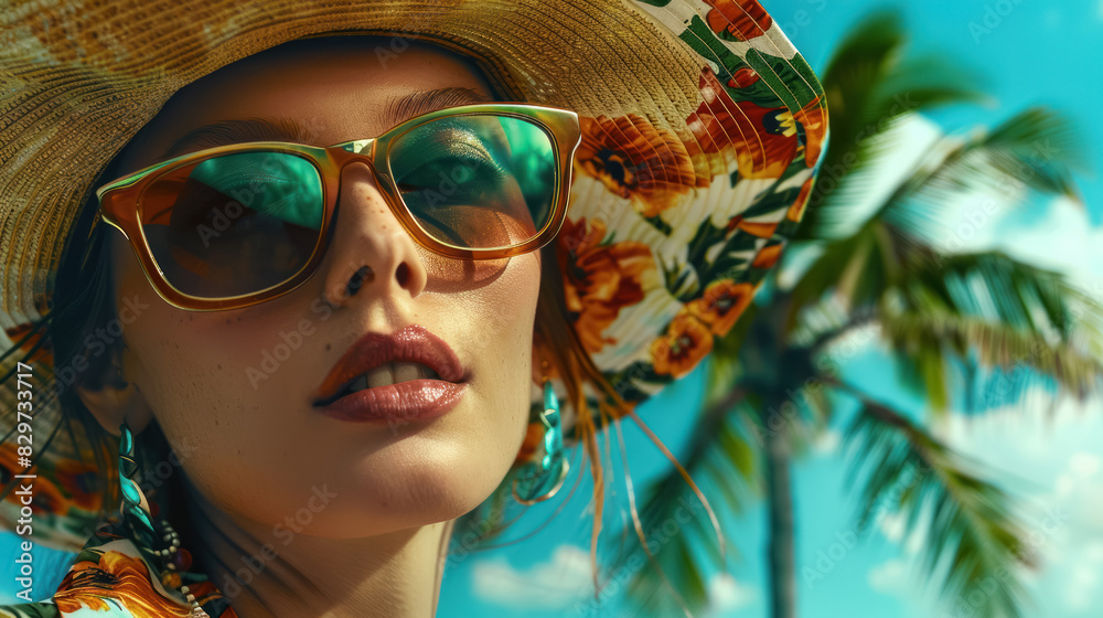 stylish woman wearing sunglasses and floral hat at a sunny tropical beach stylish woman wearing sunglasses and floral hat at a sunny tropical beach