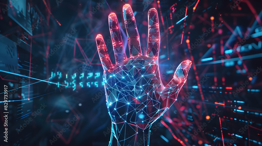 Fototapeta premium Digital hand hologram background. Generative AI.