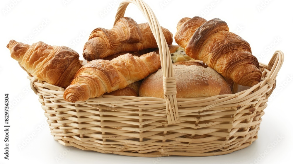 various breads and croissants in a basket on a white background, with professional color grading, soft shadows, and no contrast. various breads and croissants in a basket on a white background, with professional color grading, soft shadows, and no contrast.