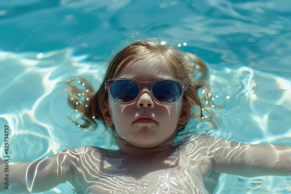 Fototapeta premium little girl with sunglasses enjoying summertime in a shimmering pool