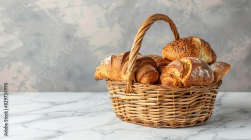various breads and croissants in a basket on a white background  with professional color grading  soft shadows  and no contrast.