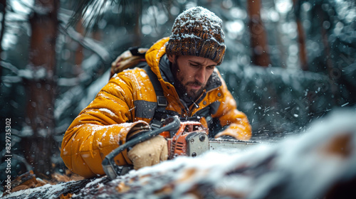 An individual in a warm yellow jacket operating a chainsaw in a snowy woodland, face excluded photo