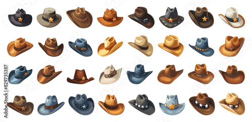 Cartoon Different Cowboy Hats Icons Set. Simple Vector Cartoon Style. White Background. Western Wear Wild West Rodeo Headwear Cowgirl Illustration